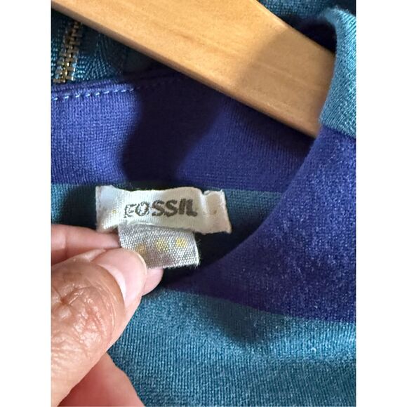 Fossil Blue Rugby Striped Short Sleeve Sheath Dress Crew Neck Back Zip SZ XS - Picture 11 of 12